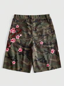 ROMWE MEN Men's Floral Embroidery Pattern Loose Fit Denim Shorts With Wide Waistband - Multicolor - View 4