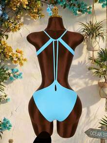 Amplova Women's One-Piece Swimsuit With Cutout Details, Sexy Tropical Avant-Garde, Suitable For Holiday Wear Bathing Suits For Women Beach Vacation Light Blue - Blue - View 11