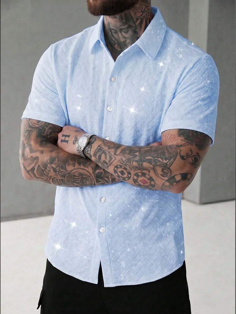 SLATEMANN Plain Front Button Short Sleeve Casual Shirt For Summer - Blue - View 1
