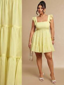 Gossip Girl X SHEIN SHEIN BAE Plus Size Women's Yellow Summer Cute Casual Sexy Multi-Layer Lace-Up Backless Mini Dress,Vacation Wedding Guest Curve,Elegant Graduation Formal - Yellow - View 8