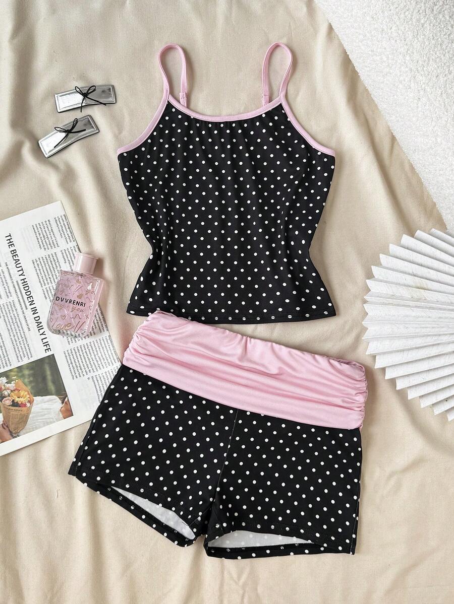 SHEIN 少女休闲日常舒适波点撞色上衣和短裤套装 - 彩色 - 查看 1