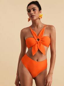 Travachic Women's Summer Vacation Beach Ruched Spaghetti Strap Bikini Set - Orange - View 6