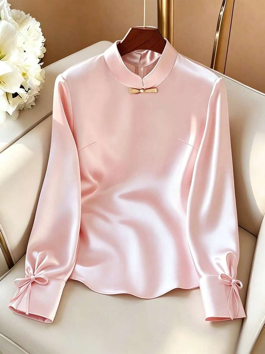 GlowEve Áo sơ mi nữ cổ bẻ màu trơn phong cách Trung Hoa thanh lịch họa tiết nơ cổ điển - Hồng - Xem 1