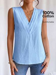 Camisa sin manga unicolor de cuello V - Celeste - Ver 6