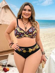Swim Lushoire Talla Grande 2026 Primavera/Verano Nuevo Traje de Baño de 2 Piezas con Estampado Digital & unicolor, Acolchado con Aros, Tirantes Ajustables, Cierre Trasero Conveniente, Lindo Acento de Lazo, Diseño Elegante de Empalme Gráfico, Conjunto de Playa/Natación Casual y de Moda - Multicolor - Ver 5