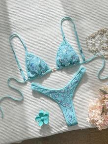 Swim Mod Springbreak 2pcs/Set Summer Vacation Random Animal Print Top And High Cut Sexy Bikini Bottoms - Mint Blue - View 7