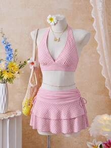 Bellisia Bộ bikini tam giác cổ yếm màu cam 26SS gồm áo và chân váy cùng màu, thích hợp mặc đi biển/nghỉ dưỡng. - Nhiều màu - Xem 4
