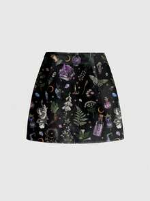 ROMWE Gothic Hippie Butterfly & Moth Sun Moon Star Dark Mysterious Forest Print Mini Skirt With Side Slit For Women - Black - View 2