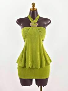 SaltGleam SaltGleam Avant-Garde Sexy Bodycon Strapless Metal Button Decor Camisole Super Mini Skirt 2 Pieces Set Club Party Night Olive Green Summer - Green - View 1