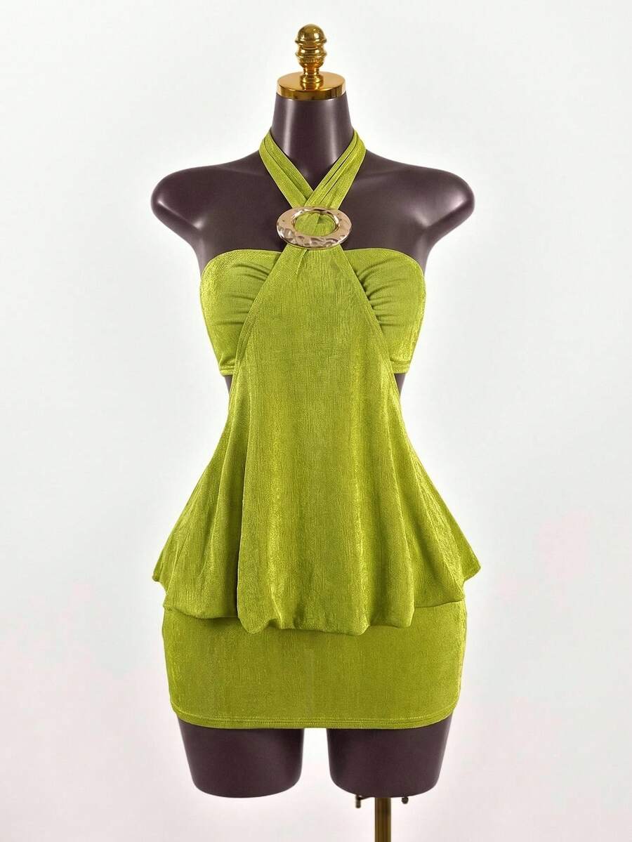 SaltGleam SaltGleam Avant-Garde Sexy Bodycon Strapless Metal Button Decor Camisole Super Mini Skirt 2 Pieces Set Club Party Night Olive Green Summer - Green - View 1
