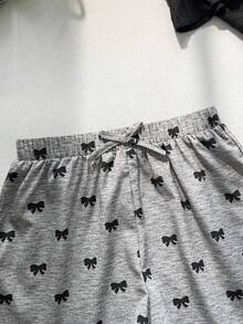 SHEIN 少女 T-shirt 套裝，帶荷葉邊袖口與蝴蝶結，適合日常休閒可愛穿搭，適合返校季，全黑 - 黑色 - 查看 8