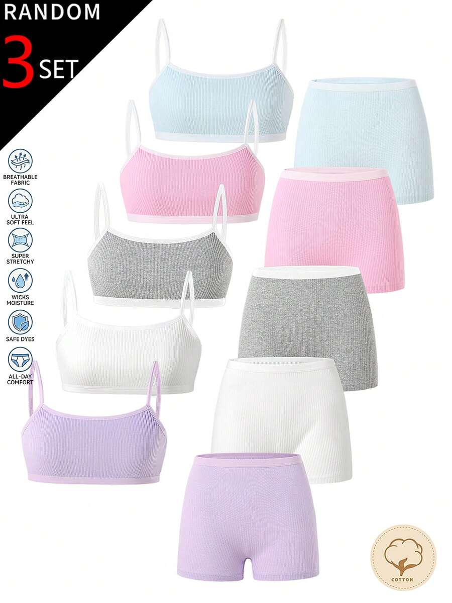 (Random 3 Sets) Tween Girl Traceable Cotton Multi-Color Solid Minimalist Camisole And Boxer Brief Underwear Set - Multicolor - View 1