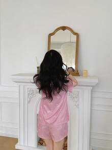SHEIN 女童甜美蝴蝶结短袖翻领休闲短裤睡衣套装 - 粉色 - 查看 3