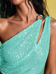 Femmeiva Women's Sequin Ruched Backless Top, Sexy Teal Blue Asymmetrical Shoulder For Summer, Beach Club Night Out, Party, Holiday - Green - View 5