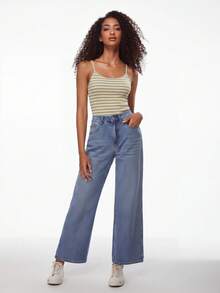 SHEIN BASICS 女士无袖修身条纹吊带背心，百搭夏季上衣 - 黃色 - 查看 4