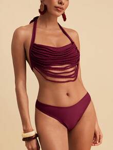 Travachic Conjunto de bikini sexy de verano para playa con cuello halter y lazo para mujer - Rojo - Ver 6