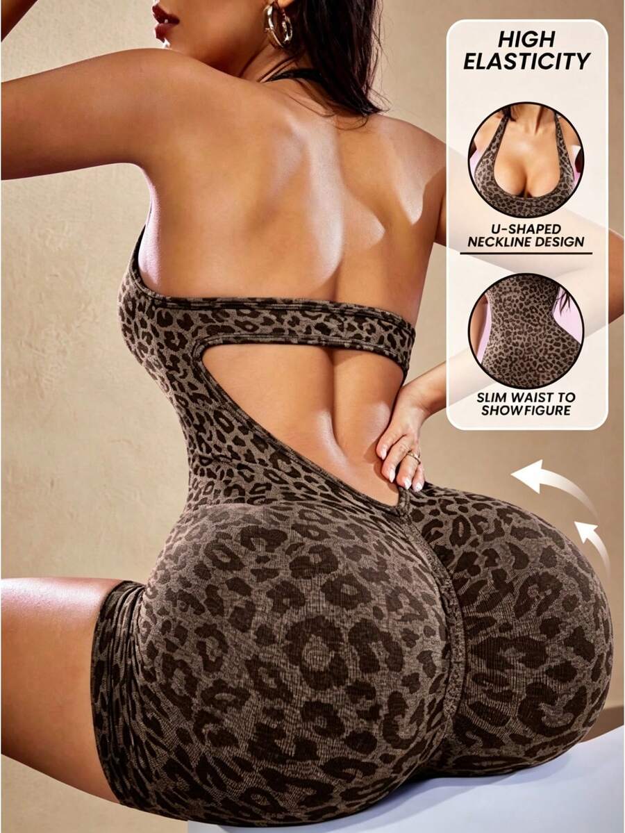 Glamine Leopard Print Casual Outdoor Seamless Jumpsuit For Women Brown Bodysuit Sports - Coffee Brown - View 1