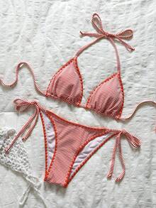 Swim Mod Women's Plaid Jacquard Halter Bikini Set, Spring/Summer - Red - View 2