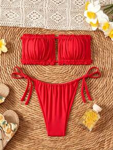 Swim Basics Reversible Bandeau (Backless Tie) High Leg Side Tie Bikini Swimwear Set - Red - View 2