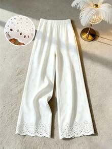 GlowEve CURVE Pantalon de couleur unie avec broderie ajourée pour femmes grandes tailles, vêtement chic à la française, décontracté, élégant et polyvalent - Blanc - Voir 7