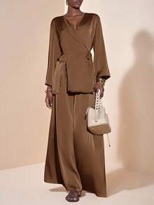 Zivah Coffee Brown,Autumn,Elegant,Dining Women Satin Material Wrap Blouse And Wide Leg Pants 2 Pieces Set,Ladies Fall Fashion Casual Office Outfits - Coffee Brown - View 1