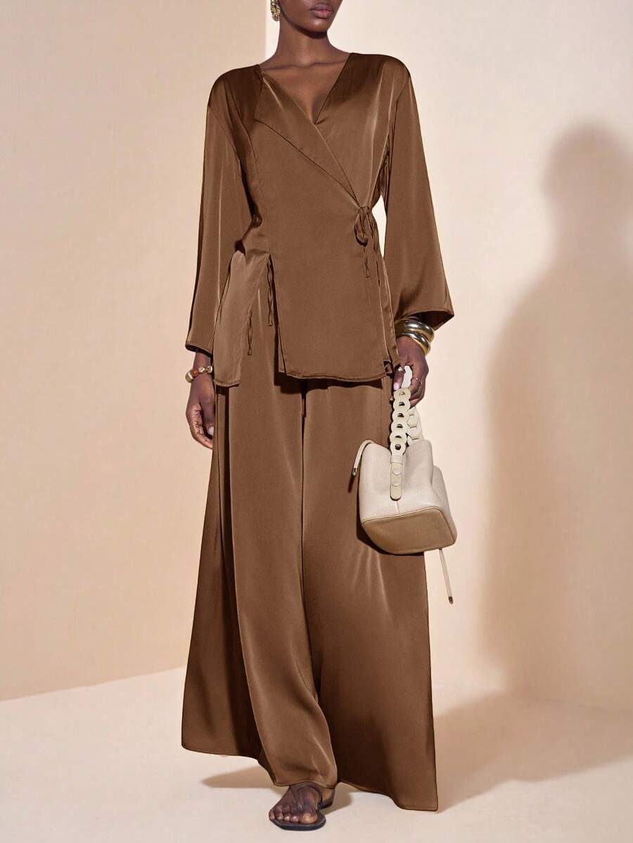 Zivah Coffee Brown,Autumn,Elegant,Dining Women Satin Material Wrap Blouse And Wide Leg Pants 2 Pieces Set,Ladies Fall Fashion Casual Office Outfits - Coffee Brown - View 1