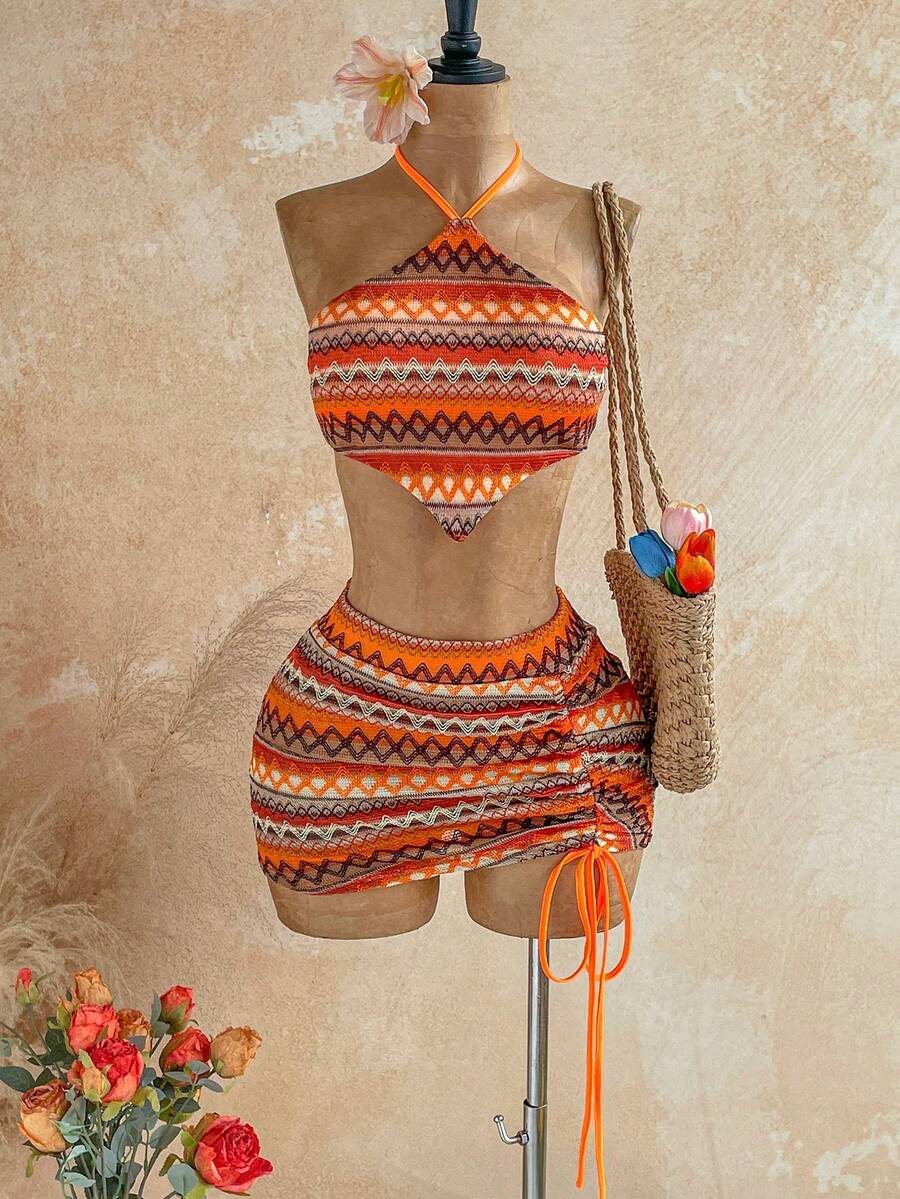 Soleia Bộ đồ 2 món dành cho nữ: Áo croptop cổ yếm lệch vạt và chân váy mini ôm sát, kẻ sọc, kiểu dáng bất đối xứng, thích hợp cho kỳ nghỉ. - Nhiều màu - Xem 1