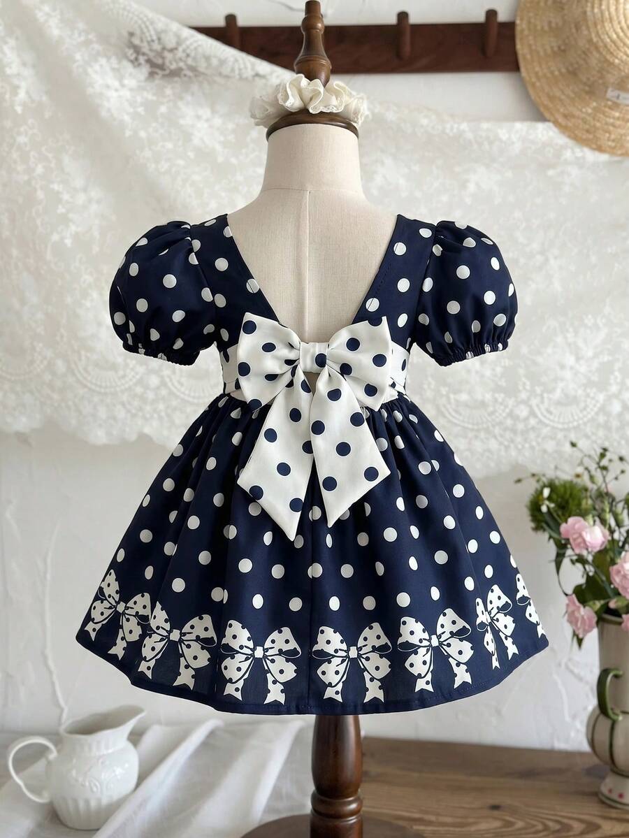 SHEIN LMoss Kids 女嬰編織碎花圓領泡泡袖休閒洋裝 - 彩色 - 查看 1