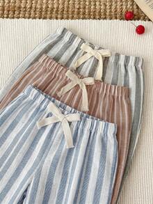 SHEIN 3pcs/Set Unisex Baby Clothes, Baby Boy Casual Cute Versatile Striped Ribbon Decor Elastic Waist Pants Set - Multicolor - View 6