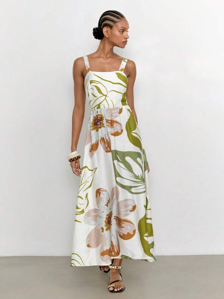 SHEIN Maija Ärmelloses Kleid mit tropischem Pflanzenmuster für Damen, Urlaubsstil, Ausgeh-Outfit, Sommerkleid für Damen, Kleid für die Feiertage