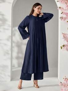 Veilorie New Pleated Loose Comfortable Casual Versatile Beach Vacation Flowy Elegant 2 Pieces Set - Navy Blue - View 6