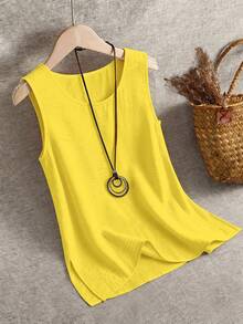 Linhara Plus Size Casual Solid Color Tank Top, Summer - Yellow - View 3