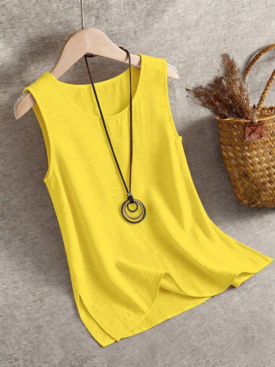 Linhara Plus Size Casual Solid Color Tank Top, Summer - Yellow - View 1