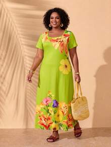 Zaforene Plus Size Floral Print Square Neck Short Sleeve Summer Dress - Multicolor - View 3