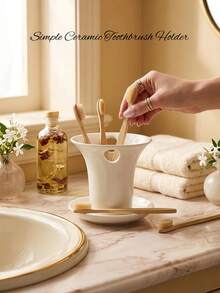 Cirelle 1pc Simple Ceramic Toothbrush Holder, Multi-Purpose Bathroom Organizer, Elegant White Countertop Caddy For Toothpaste, Razors & Accessories, Minimalist Vanity Storage Cup, Ideal Gift For Home Decor & Housewarming, Keeps Toiletries Neat - White - View 6