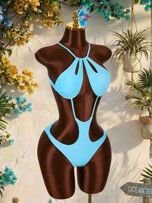 Amplova Women's One-Piece Swimsuit With Cutout Details, Sexy Tropical Avant-Garde, Suitable For Holiday Wear Bathing Suits For Women Beach Vacation Light Blue - Blue - View 8