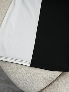 SHEIN Franclia 夏季女款不對稱領口露肩短袖貼身迷你洋裝，黑白對比色，度假洋裝，優雅通勤洋裝 - 黑與白 - 查看 5