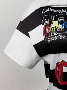 SHEIN PETITE Camiseta polo a rayas negras y blancas para mujer, top suelto de estilo urbano Y2K con gráficos para verano y vuelta al colegio, camiseta vintage de hip-hop con estampado digital, para mujeres de talla pequeña - Negro - Ver 3