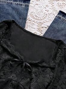 SHEIN 女款純色扭結修身優雅長袖蕾絲拼接上衣 - 黑色 - 查看 5