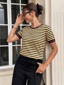 Serisse Women's Striped Crew Neck Short Sleeve Casual Knit Top - Multicolor - View 7