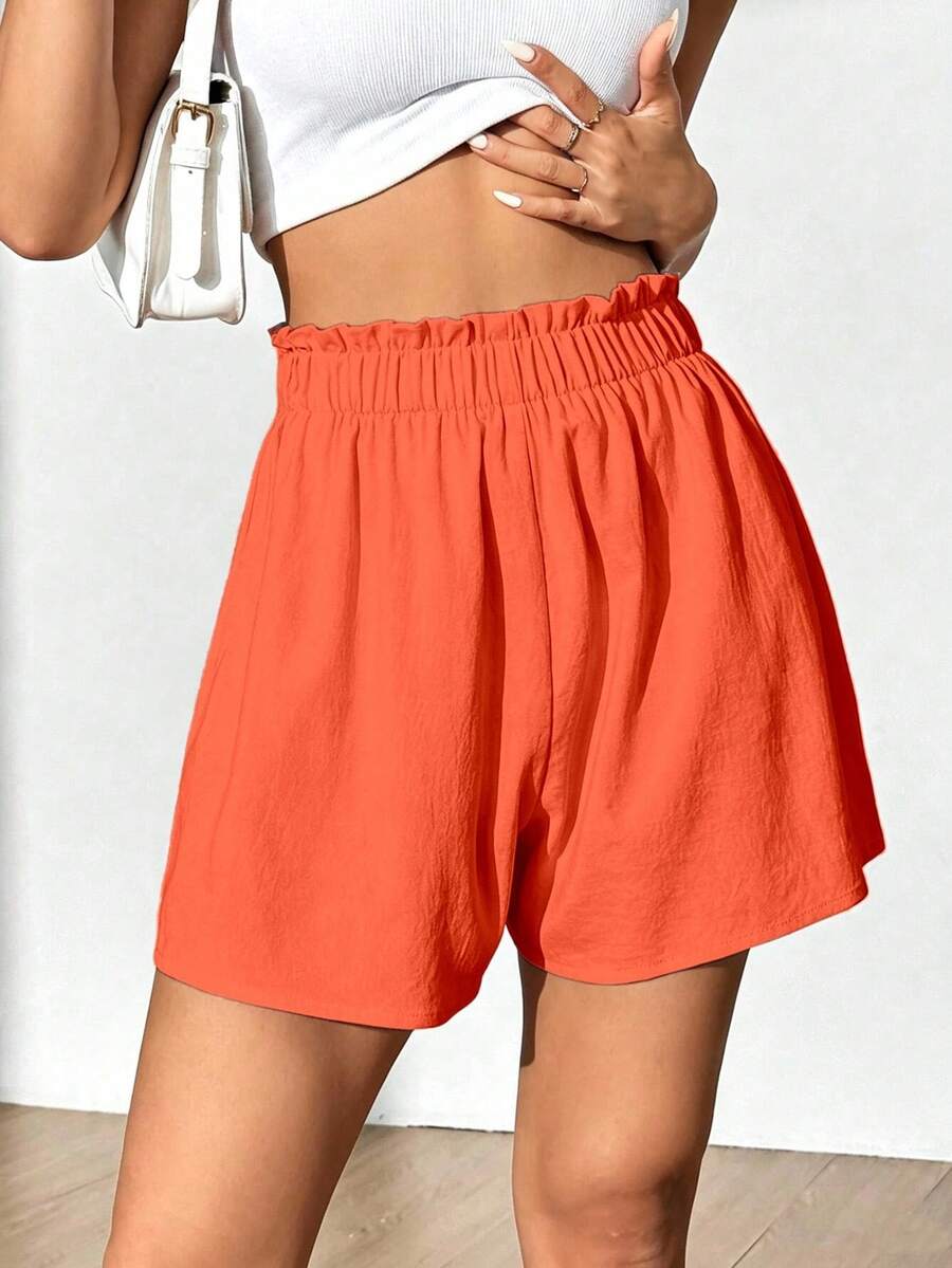 Flirla Women's Summer Casual Solid Color Ruffle Waist Shorts - Orange - View 1