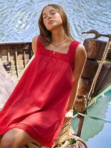 WESTFADE Square Neck Pleated Front 100% Cotton & Crochet Lace Red Babydoll Mini Dress Summer, Vacation, Casual, Cowgirl, Western, Rodeo, Festival - Red - View 1