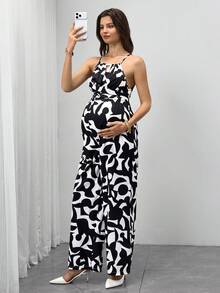 SHEIN Bộ áo liền quần bầu với cổ yếm đính hạt gỗ, nơ thắt eo phía trước, quần in họa tiết kỹ thuật số. - Đen và trắng - Xem 5