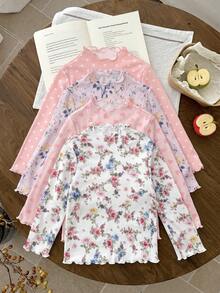SHEIN 女童 4 件組針織花朵愛心波點圖案荷葉領休閒 T 恤套裝，厚實面料，適合秋冬 - 彩色 - 查看 5