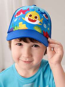 BABY SHARK X SHEIN 升级版可爱卡通防晒蓝色棒球帽，适合儿童、男孩和小孩，透气、柔软、舒适，适合旅行和户外活动，独家海洋印花，鱼图案 - 藍色 - 查看 7