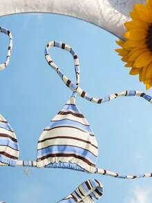 Swim Mod 2pcs/Set Women's Beach Vacation Outfit, Blue Striped Stars Halter Backless Tie Top Ruched Bikini Bottoms, Summer Y2k Tropical Holiday Pool Party - Multicolor - View 5
