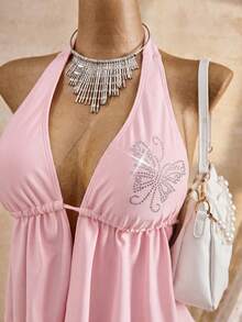 Bellisia 26SS Spring/Summer Beach Vacation Rhinestone Floral Black Tankini Swimwear (Top & Bottom) - Baby Pink - View 4