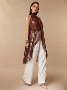 Silquee Women's Pastal Lace Halter Dress Elegant Sexy Semi-Sheer Floral Jacquard Turtleneck Asymmetrical Blouse Top Summer Party Night Date Golf Brown - Brown - View 7