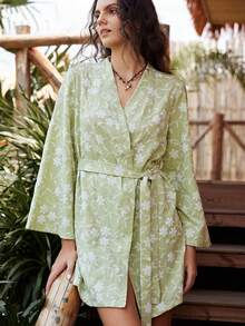 Lullawish Bata de mujer con estampado floral bohemio casual de vacaciones - Verde - Ver 5