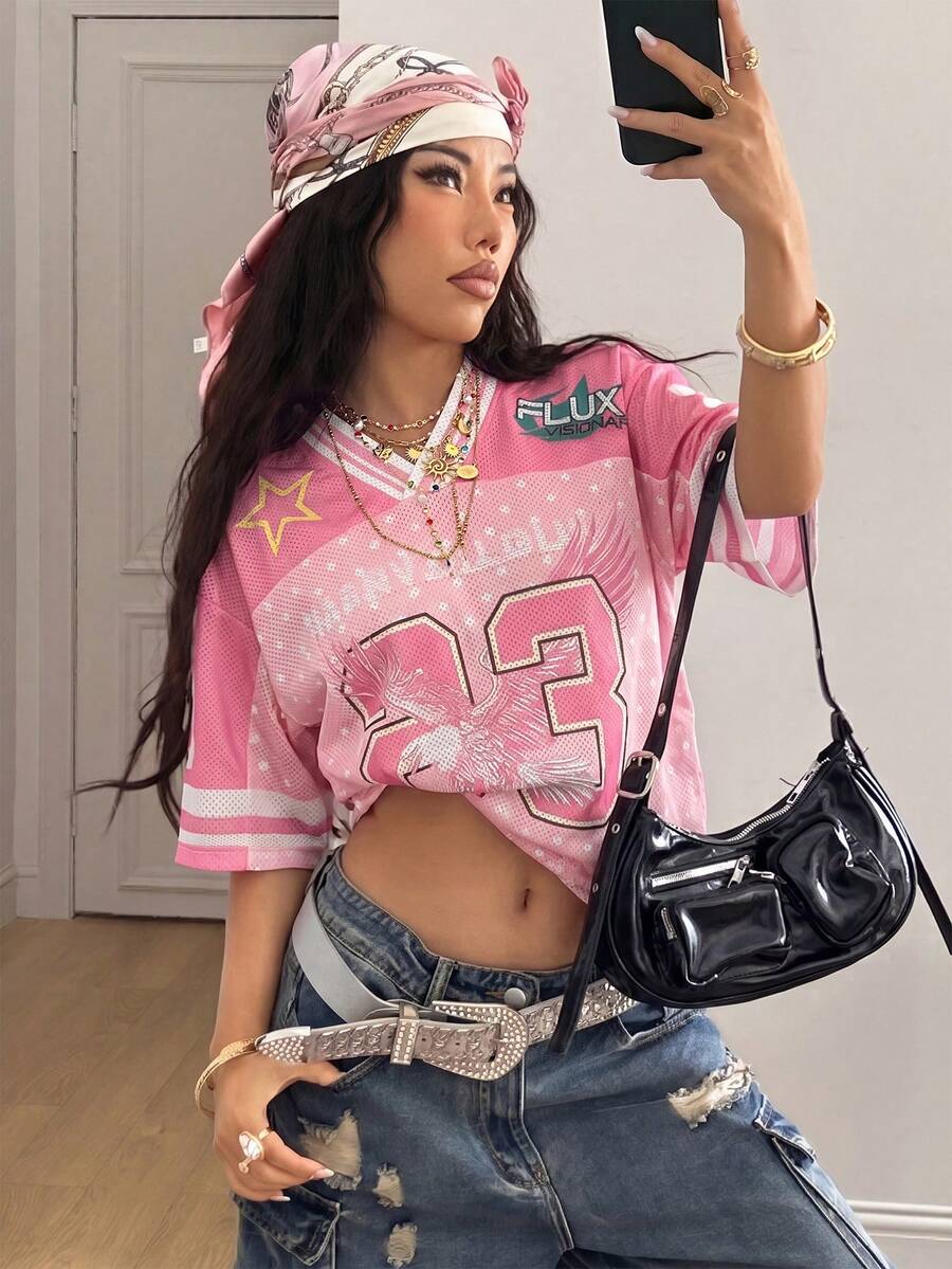 Coolane 女款春夏Y2K街頭風復古透氣網眼圖案數字印花足球T恤